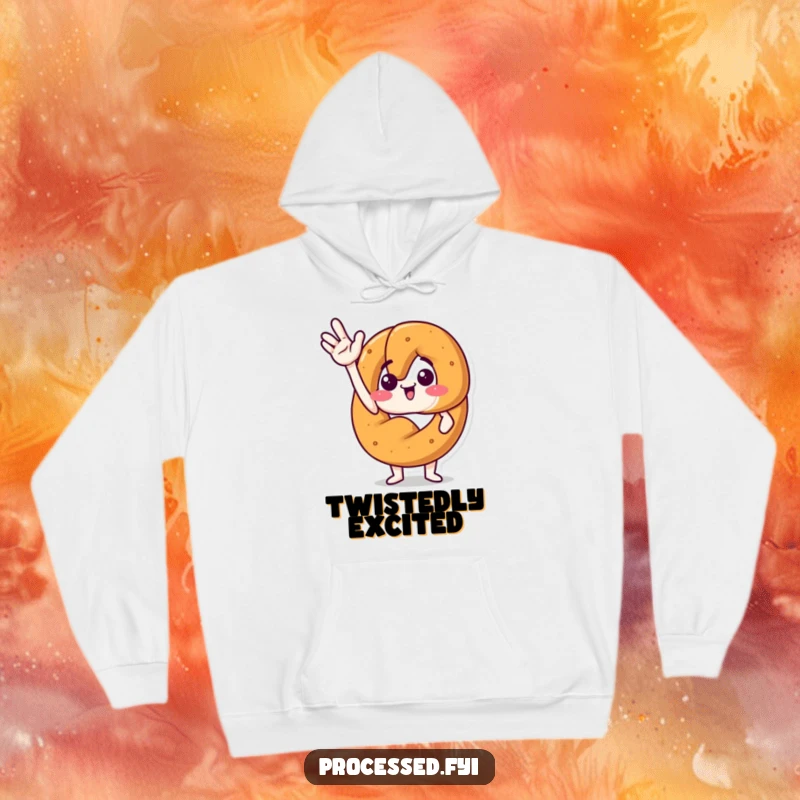 Funny hoodie featuring a happy anthropomorphic pretzel waving with excitement. Soft, warm, and full of personality.