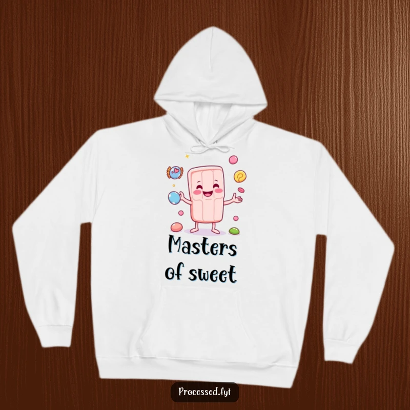 Funny hoodie featuring a smiling anthropomorphic candy bar juggling small candies. Cozy comfort meets playful design.