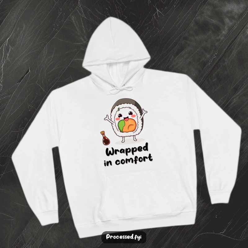 Funny hoodie featuring a cheerful sushi roll waving with arms, a small soy sauce bottle nearby, soft and warm apparel