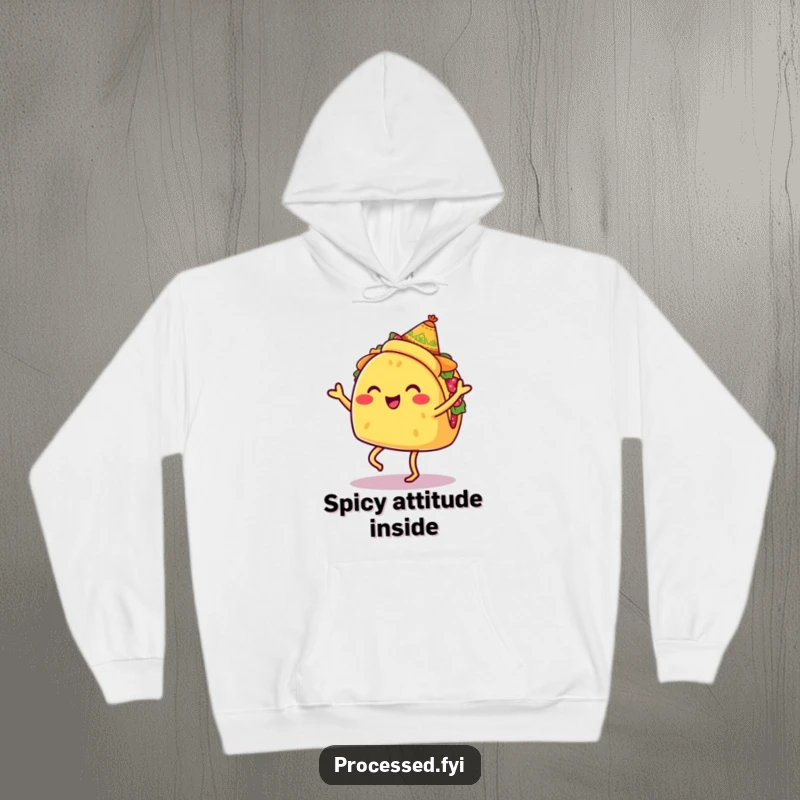 Funny hoodie featuring a smiling taco with legs, wearing a tiny sombrero, doing a lively jig, comfortable and humorous apparel