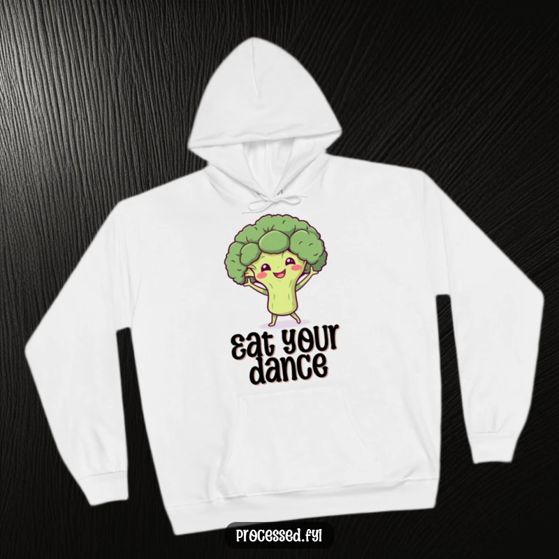 Funny hoodie showcasing a smiling broccoli character doing a lively dance with tiny arms, offering cozy comfort and a healthy dose of fun.
