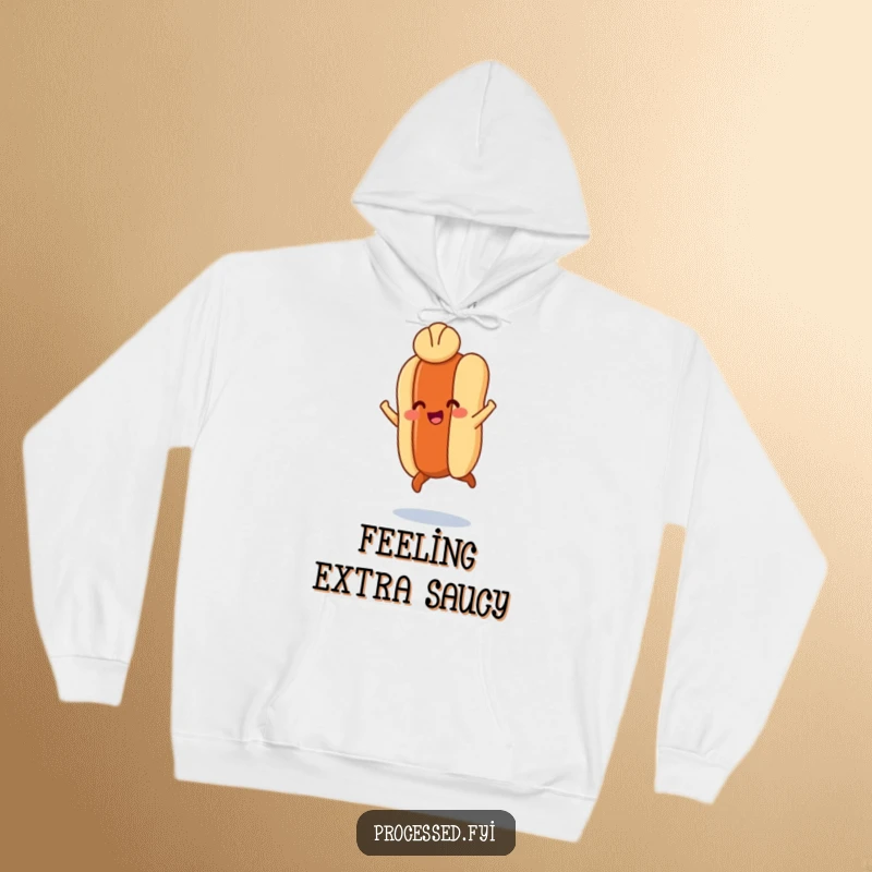 Funny hoodie displaying a smiling hot dog mid-leap with tiny legs, a bun balanced on its head, for cozy fun.
