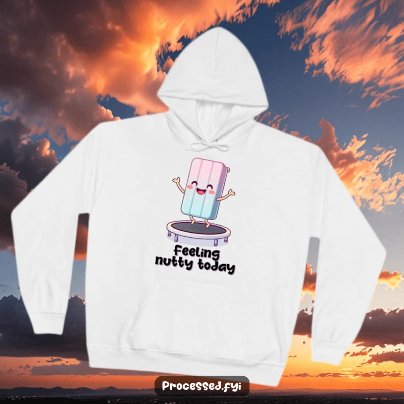 Funny hoodie featuring a happy anthropomorphic candy bar gleefully bouncing on a trampoline, offering comfort and cheer.