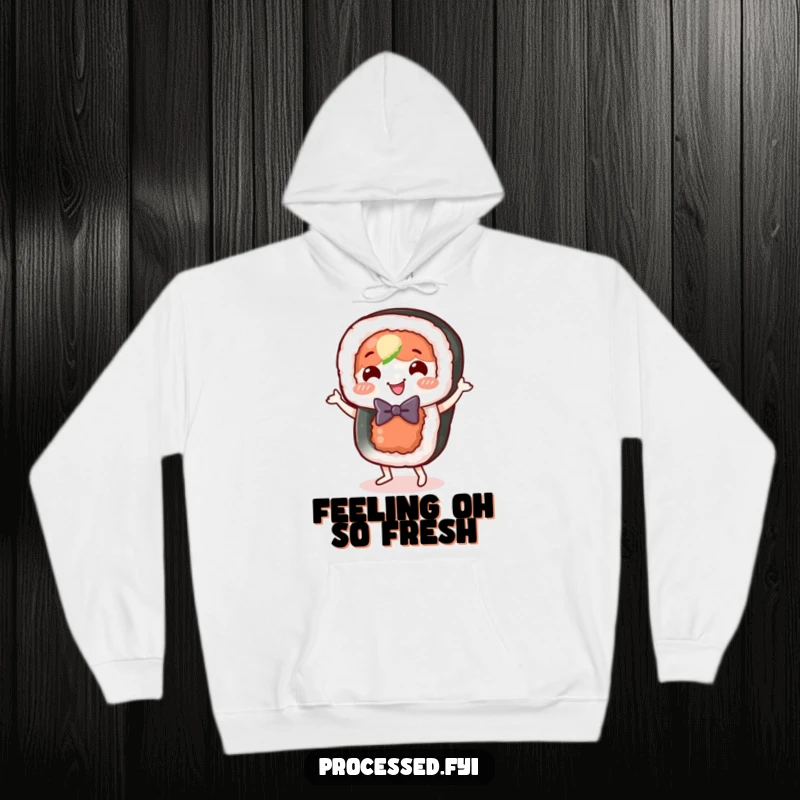 Funny sushi roll hoodie, a happy food character in a bow tie, doing a joyful little dance.