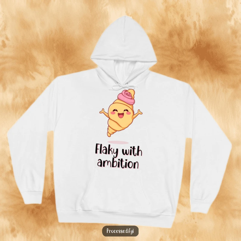 Funny croissant hoodie print of a happy pastry swirling and leaping with immense joy, perfect for cozy laughs.