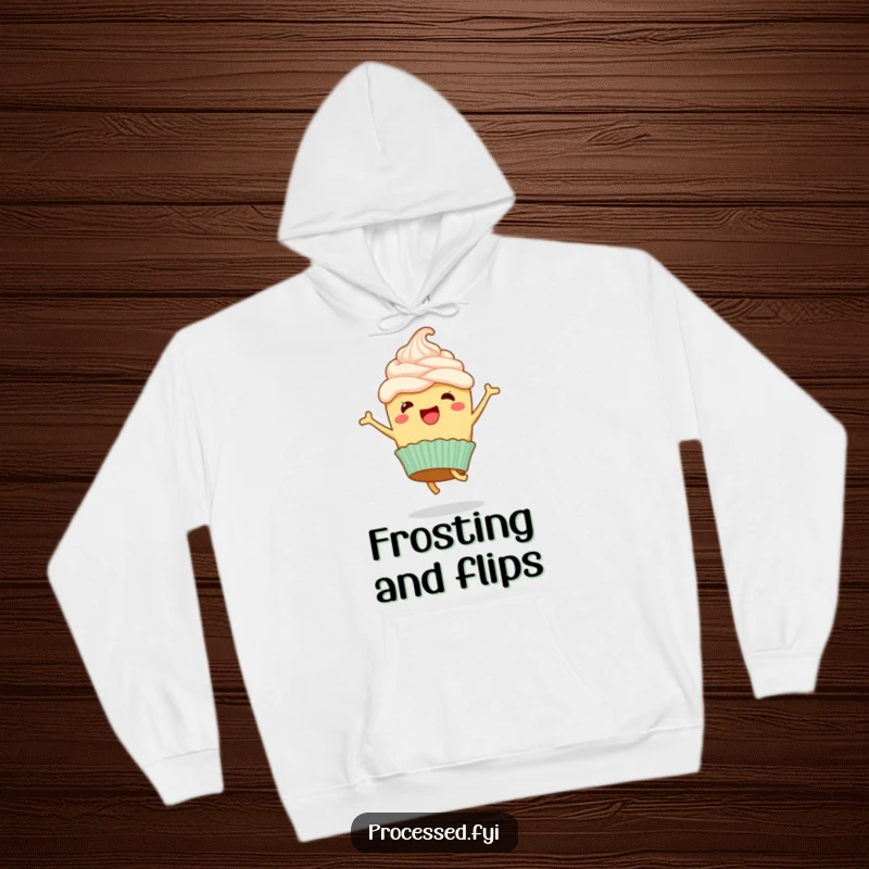 Funny hoodie depicting a happy cupcake with frosting, captured mid-cartwheel with pure, joyful energy.