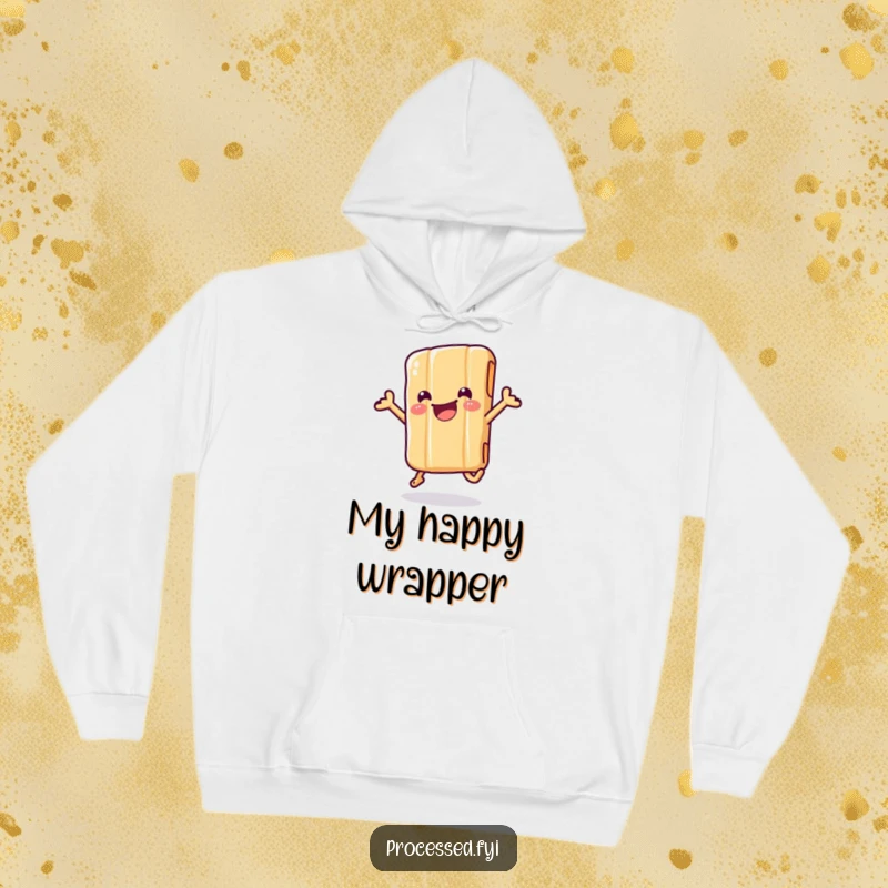 Funny hoodie depicting a wiggling candy bar in its wrapper, captured mid-jump with pure, energetic delight.
