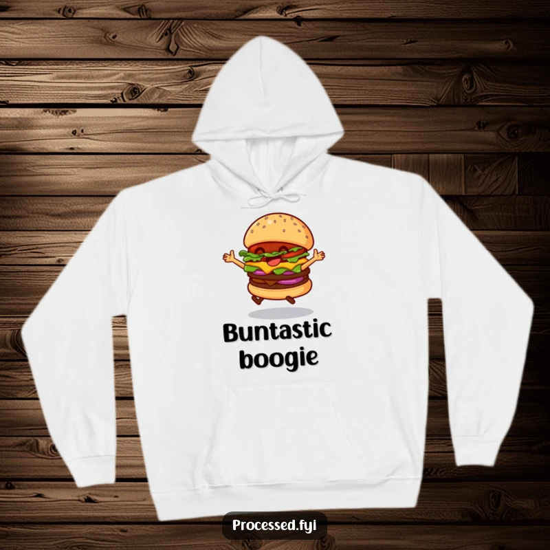 Funny Dancing Hamburger Hoodie, featuring a jubilant burger grooving on its bun, ideal for warm and humorous lounging.