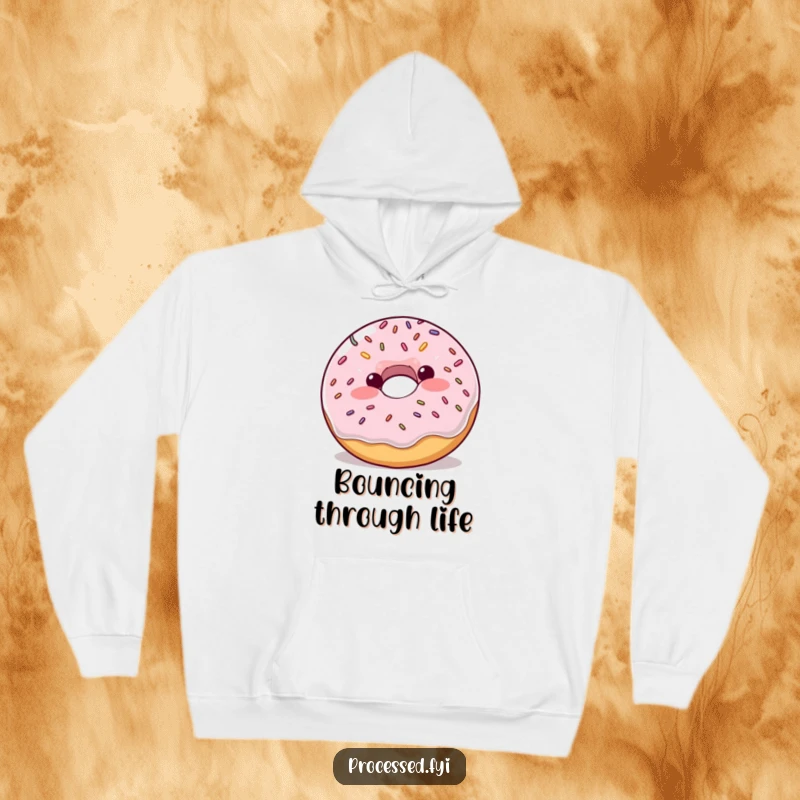 Funny plump donut with blush and sprinkles bouncing enthusiastically, a humorous and cozy hoodie.