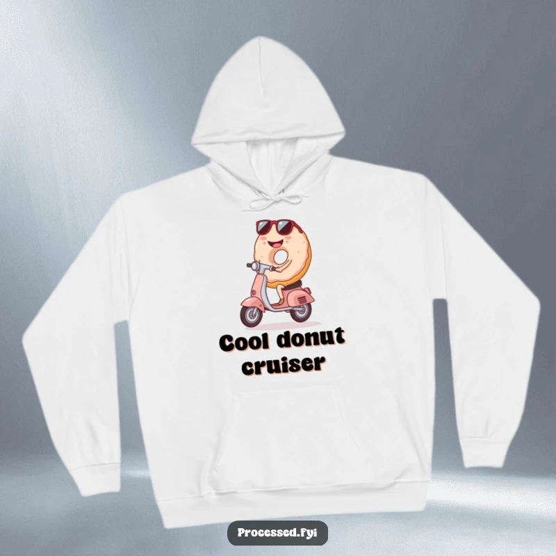Funny Donut Scooter Hoodie, featuring a cool donut with shades on a scooter, ideal for cozy, humorous cruising.