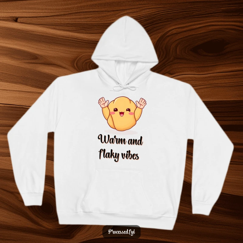 Funny hoodie featuring a happy croissant with its arms outstretched in an enthusiastic wave, radiating warmth and joy.