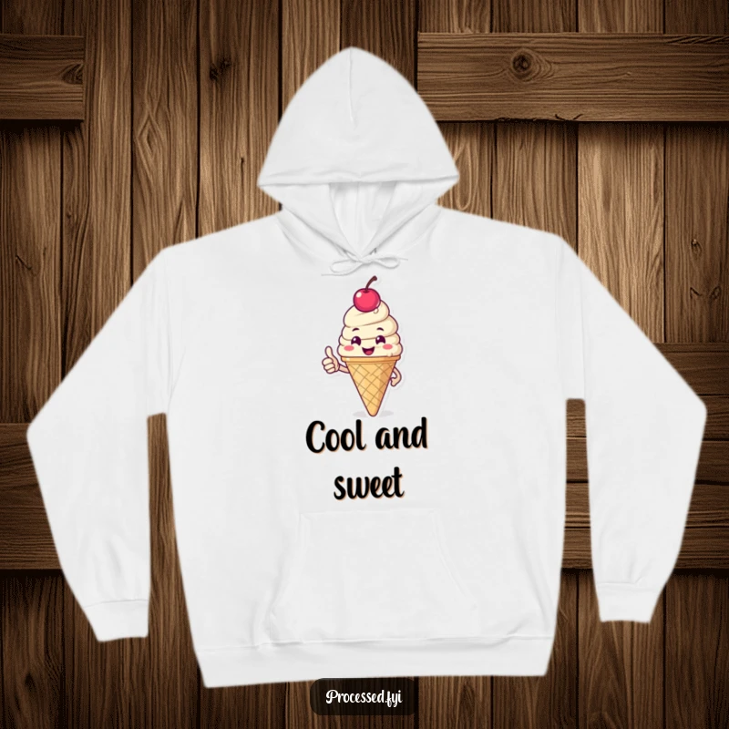 Funny hoodie featuring a happy ice cream cone with a cherry on top, giving a thumbs-up, offering cozy comfort and cheerful vibes.