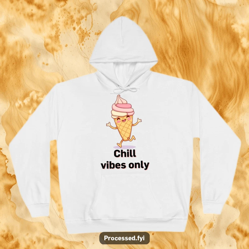 Funny ice cream cone hoodie featuring a smiling anthropomorphic ice cream cone doing a playful hop, perfect for cozy fun.