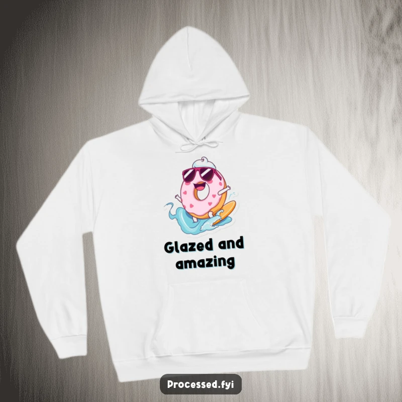 Funny hoodie with a cartoon donut wearing sunglasses, surfing a colorful wave of frosting, warm and cozy.