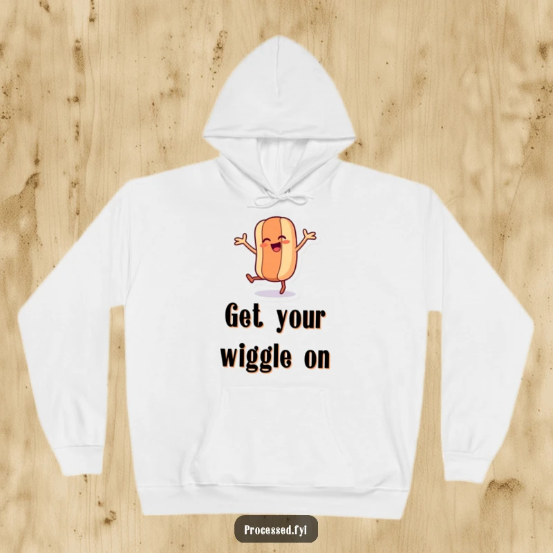 Funny hoodie depicting a dancing hot dog character with legs and arms in motion, wiggling joyfully in a cartoon style.
