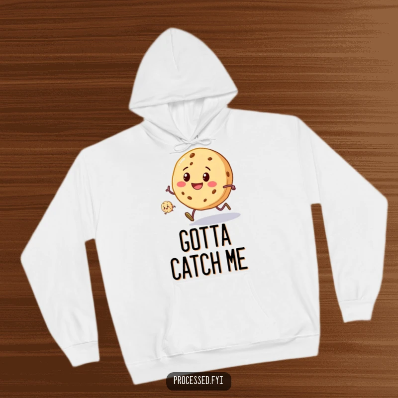 Funny Cookie Race Hoodie: A smiling cookie with tiny legs competing in a race, offering warmth and humorous motivation.