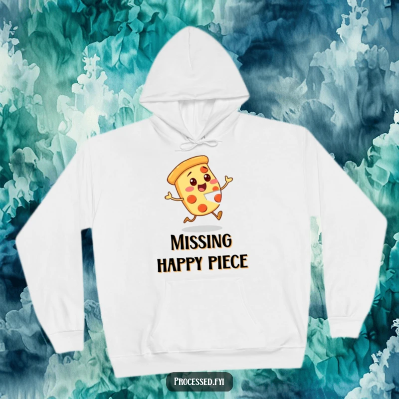 Funny Pizza Hoodie featuring an excited character with a missing piece, perfect for cozying up with pizza-themed fun.