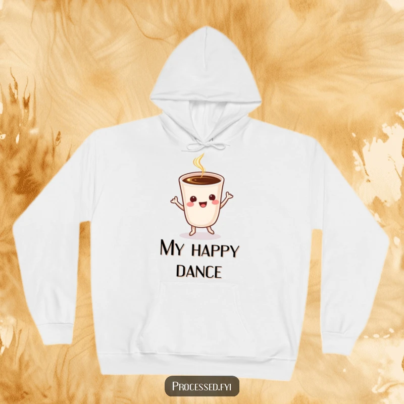 Funny cheerful coffee cup doing a jig, featured on a soft, warm hoodie perfect for coffee lovers.