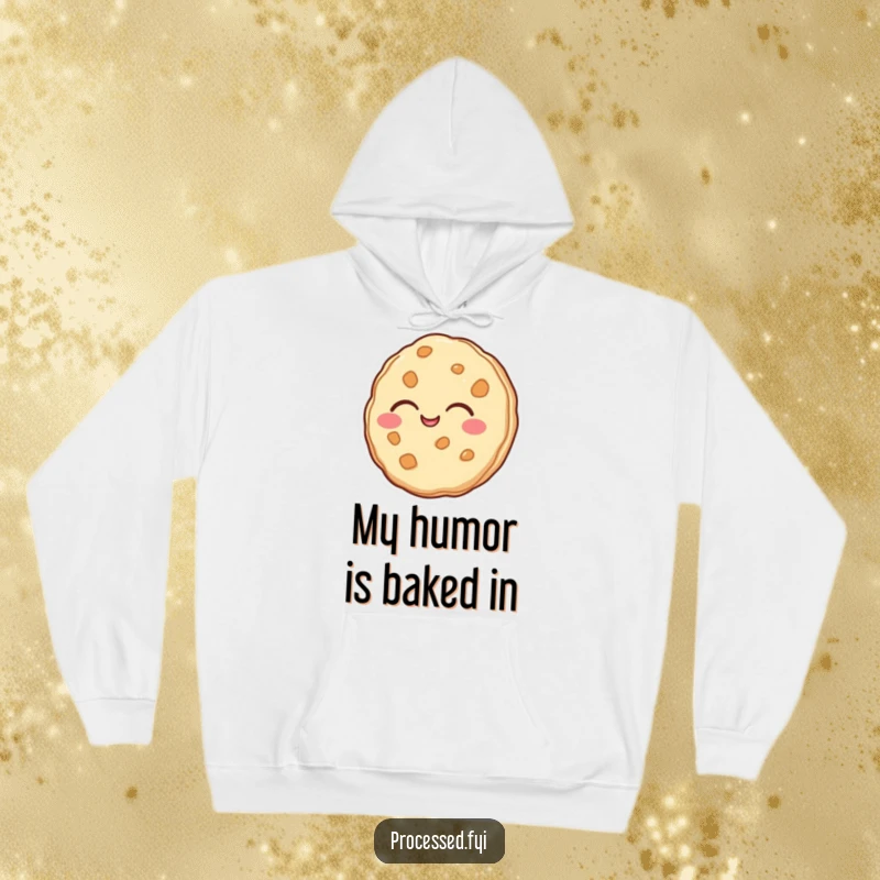 Funny hoodie showcasing an anthropomorphic cookie in a hearty laugh. Soft, warm, and hilariously designed for comfort.