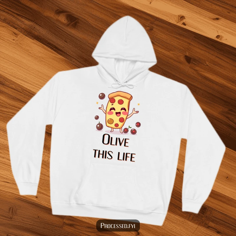 Funny pizza slice character, juggling olives with a smile, offering comfort and a dash of delicious fun. A cozy wear.