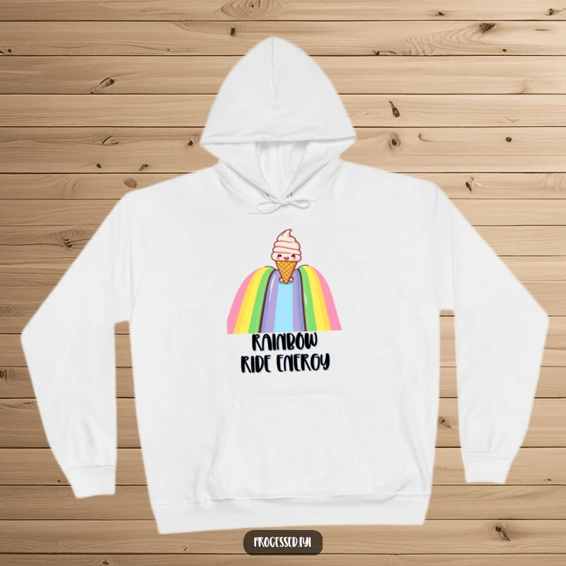 Funny hoodie with a joyful ice cream cone happily sliding down a rainbow, perfect for cozy comfort and sweet amusement.