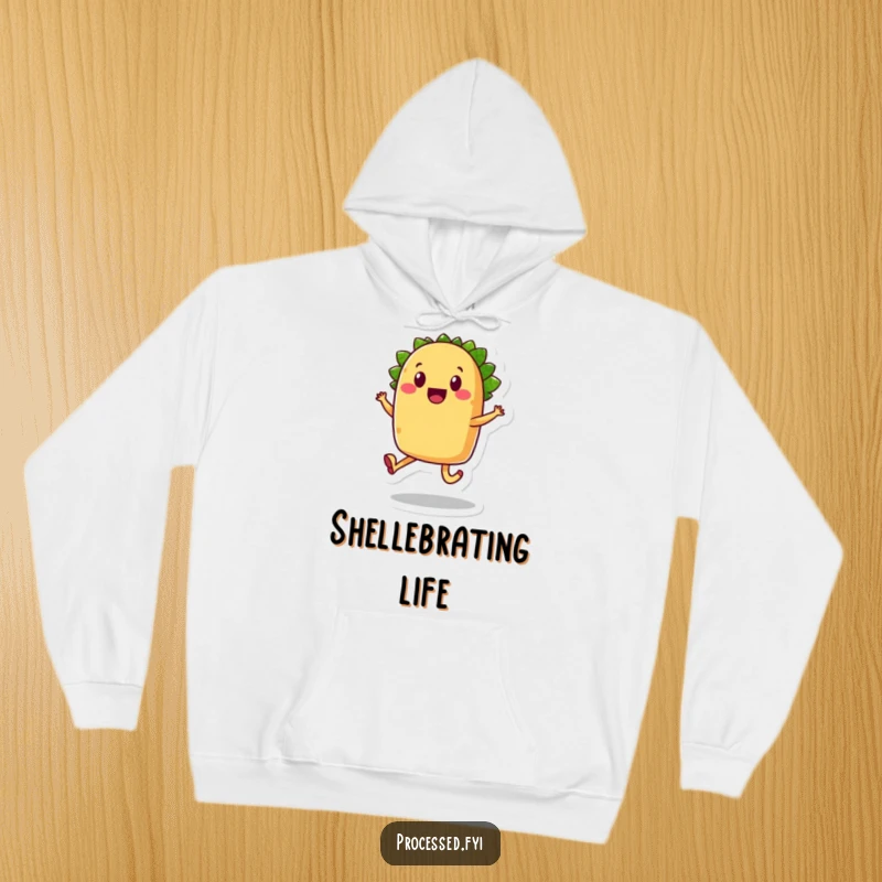 Funny taco hoodie, a smiling anthropomorphic food character with legs, joyfully skipping.