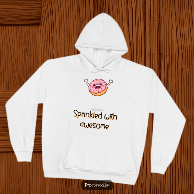 Funny hoodie depicting a jubilant donut with sprinkles leaping high, perfect for staying warm and radiating positive, sweet energy.