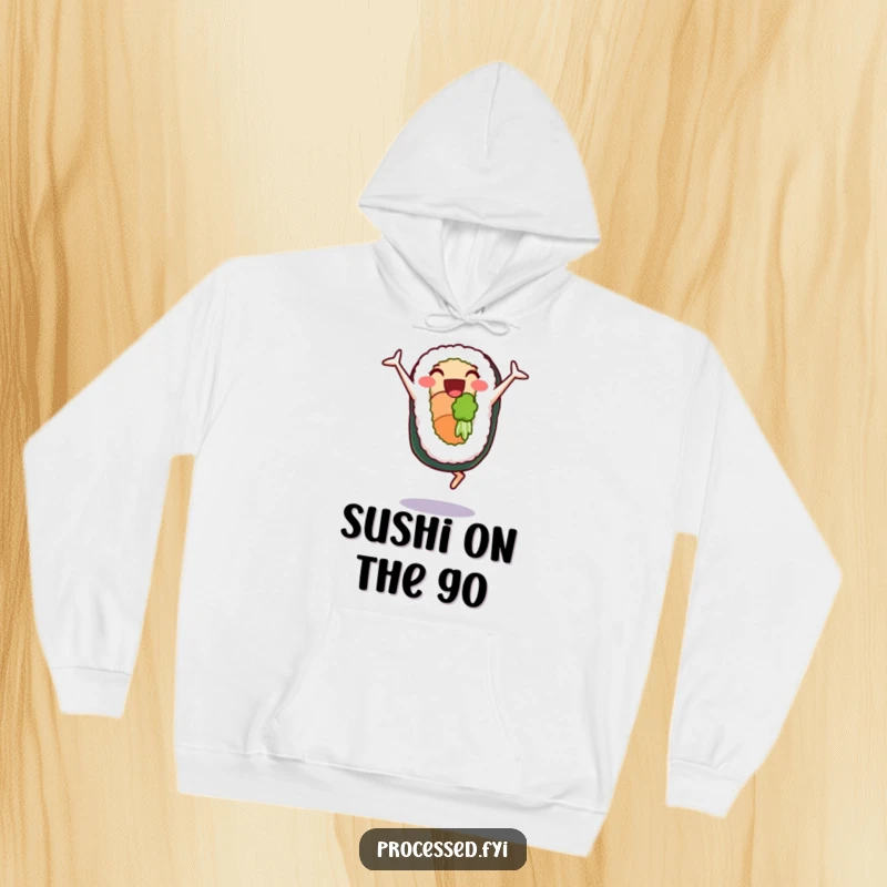 Funny hoodie depicting a delighted sushi roll character doing cartwheels, perfect for staying warm and amused.