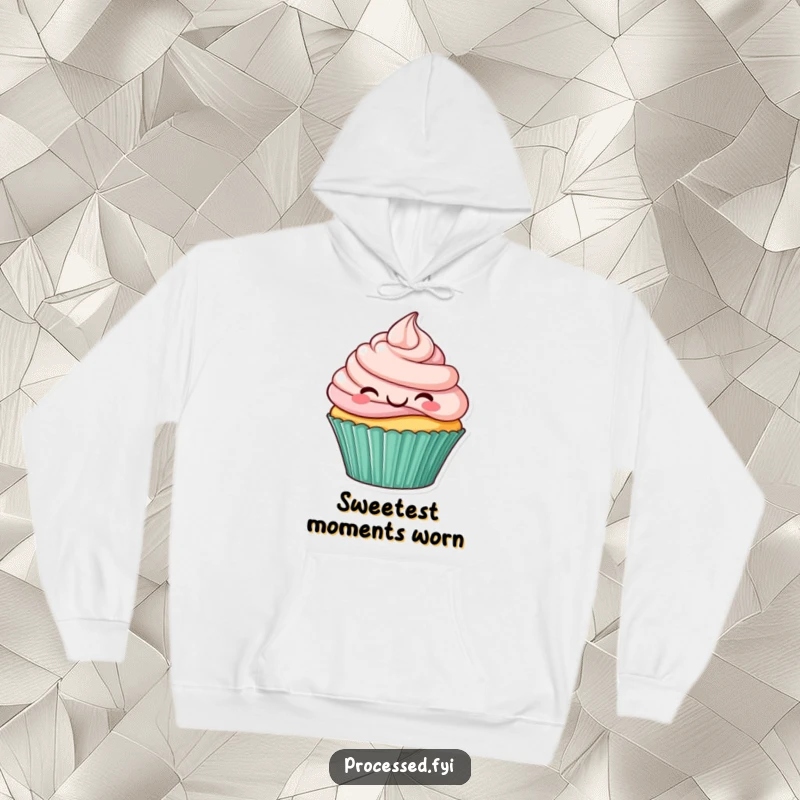 Funny hoodie featuring a happy cupcake with frosting swirls joyfully hopping, radiating sweet comfort and cheerful delight.