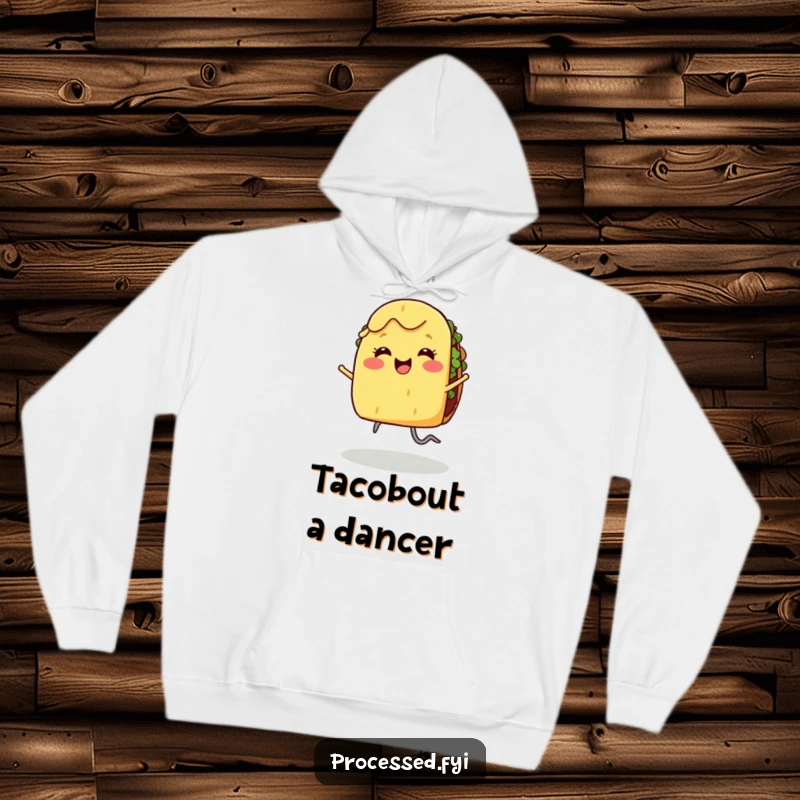 Funny hoodie depicting a smiling taco with legs doing a joyful dance, symbolizing food-fueled merriment.
