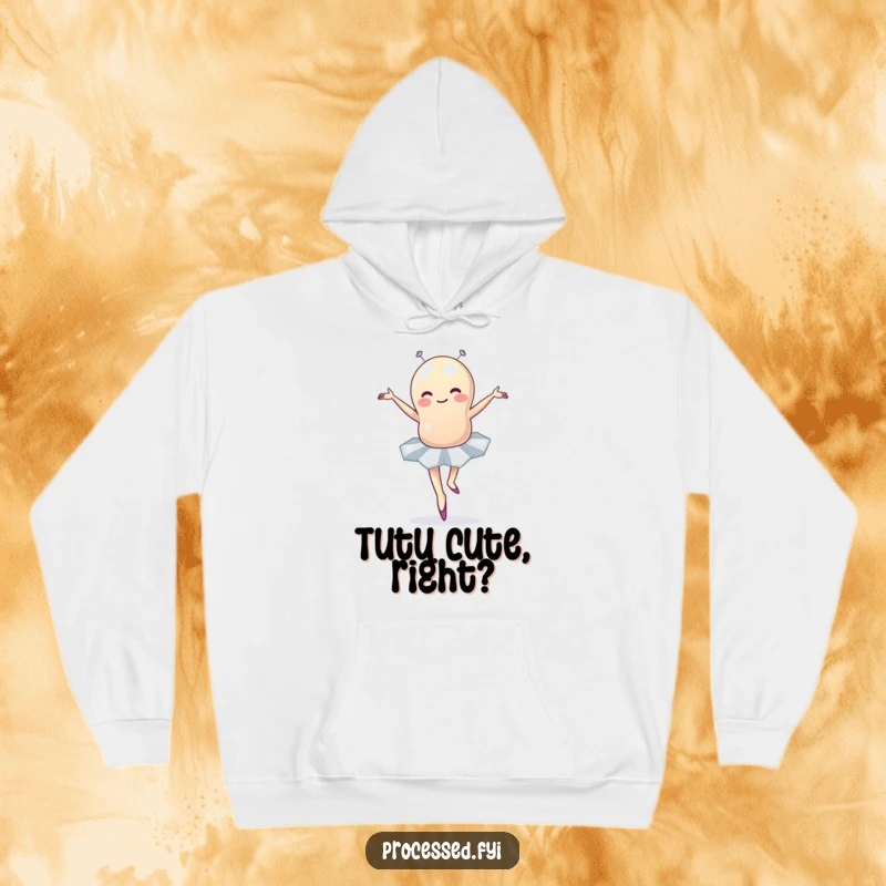 Funny jellybean ballet hoodie showing a wobbly character in a tutu mid-ballet pose, perfect for cozy humor lovers.