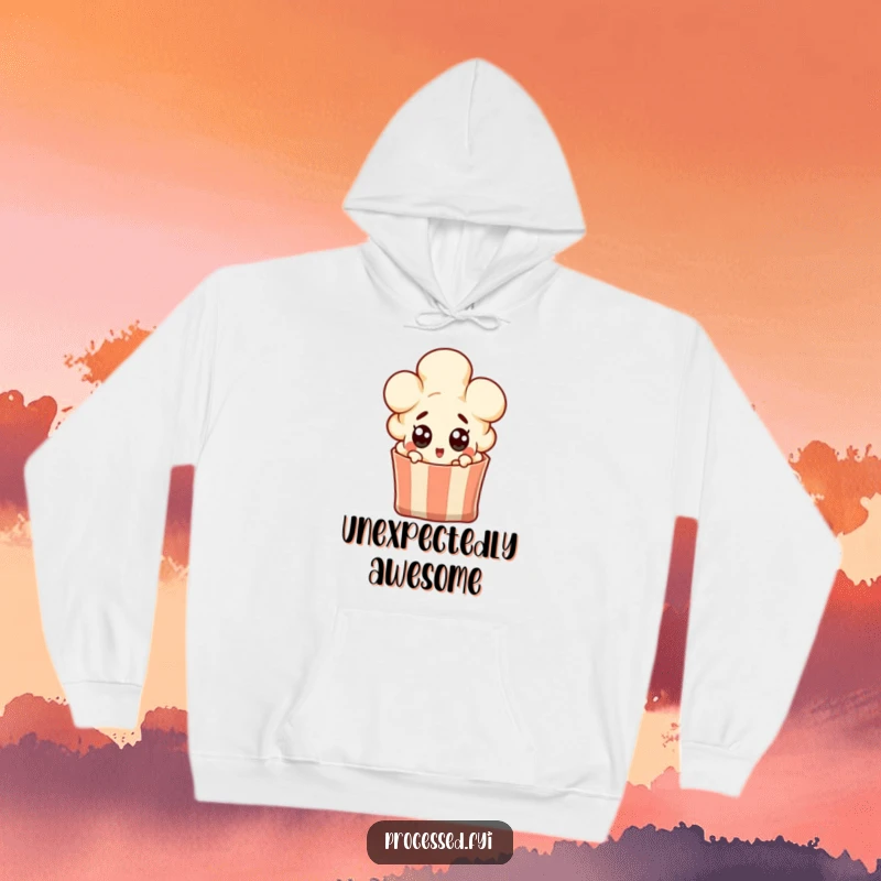 Funny popcorn kernel character popping out of a bag with wide surprised eyes, a warm and funny hoodie for relaxation.