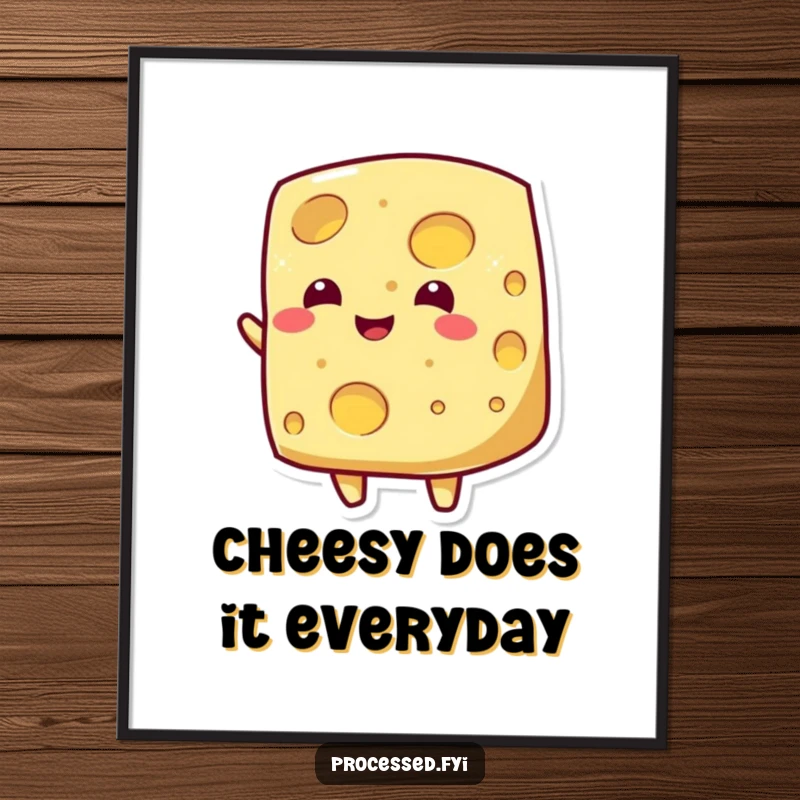 Funny Free Printable Cheese Wall Art: Beaming cheese with holes wiggling its body, a humorous and unique downloadable art piece.