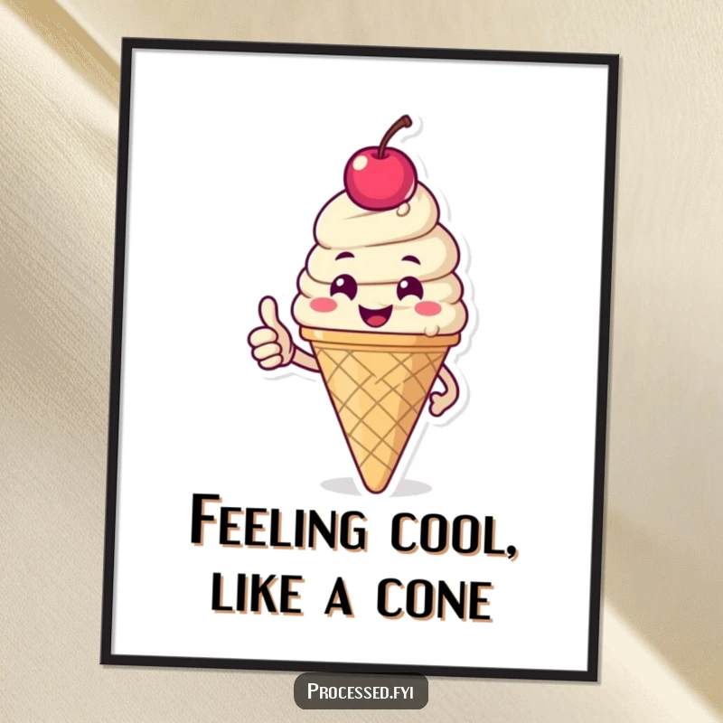 Funny Free Printable Wall Art: Happy ice cream cone character with cherry on top, giving a thumbs-up.