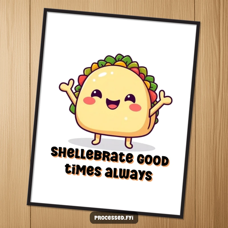 Funny Free Printable Taco Art: A beaming taco shell with tiny arms doing a cheerful wave, ready to spice up your decor.