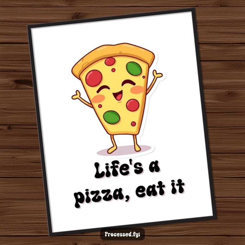 Funny Free Printable Pizza Wall Art: A happy pizza slice with tiny feet, winking to add a touch of playful charm.