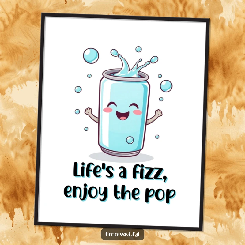 Funny Free Printable Soda Can Wall Art: Smiley can juggling fizzy drops, a playful and colorful downloadable art piece.