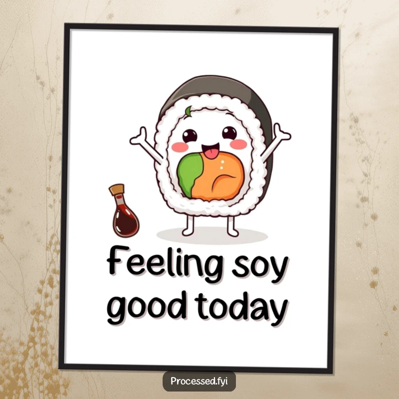 Funny Free Printable Wall Art: Cheerful Sushi Roll with Arms Waving Happily Beside a Tiny Soy Sauce Bottle