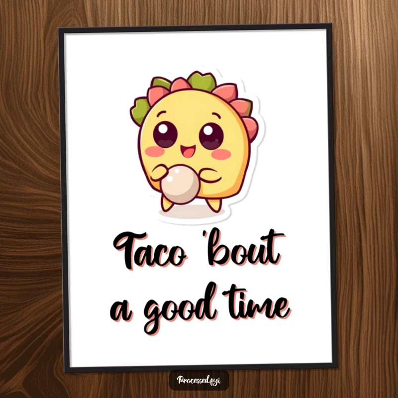 Funny Free Printable Wall Art: A cheerful taco with wide eyes enthusiastically bouncing a tiny ball, radiating happiness.