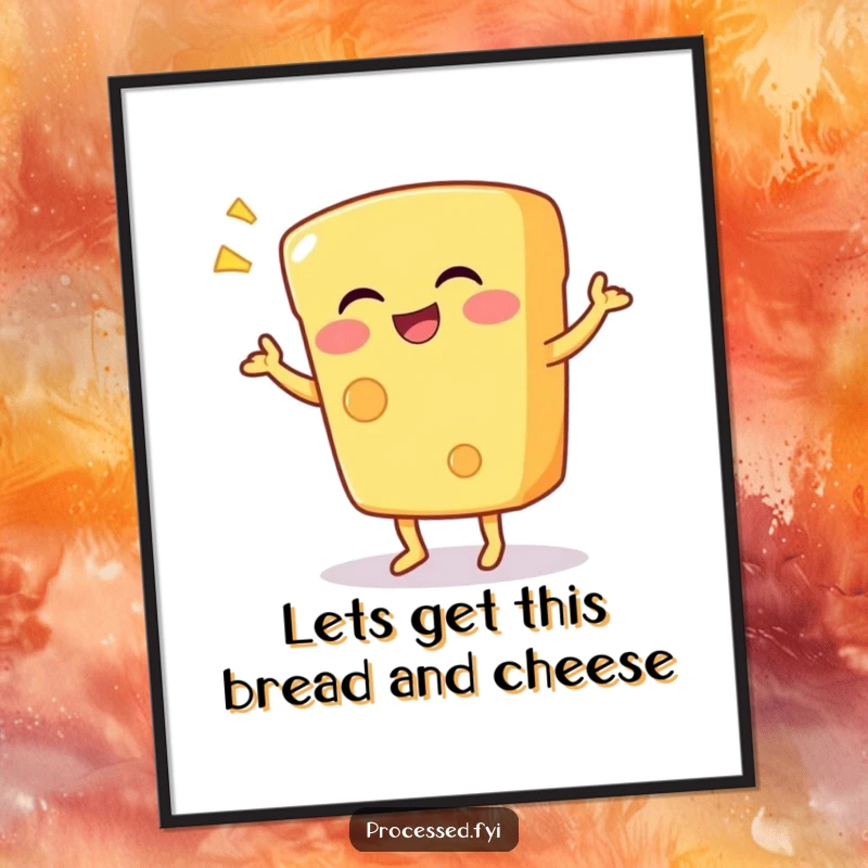 Funny Free Printable Wall Art: A giggling anthropomorphic cheese wedge in mid-silly dance. Charming downloadable art.