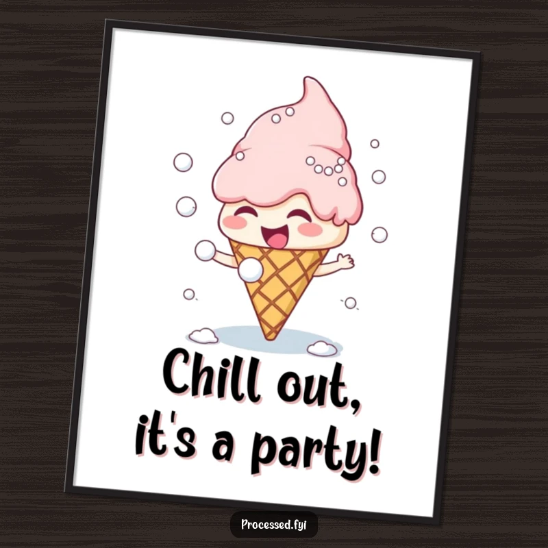 Funny free printable wall art of a giggling ice cream cone character having a snowball fight, cool and playful.
