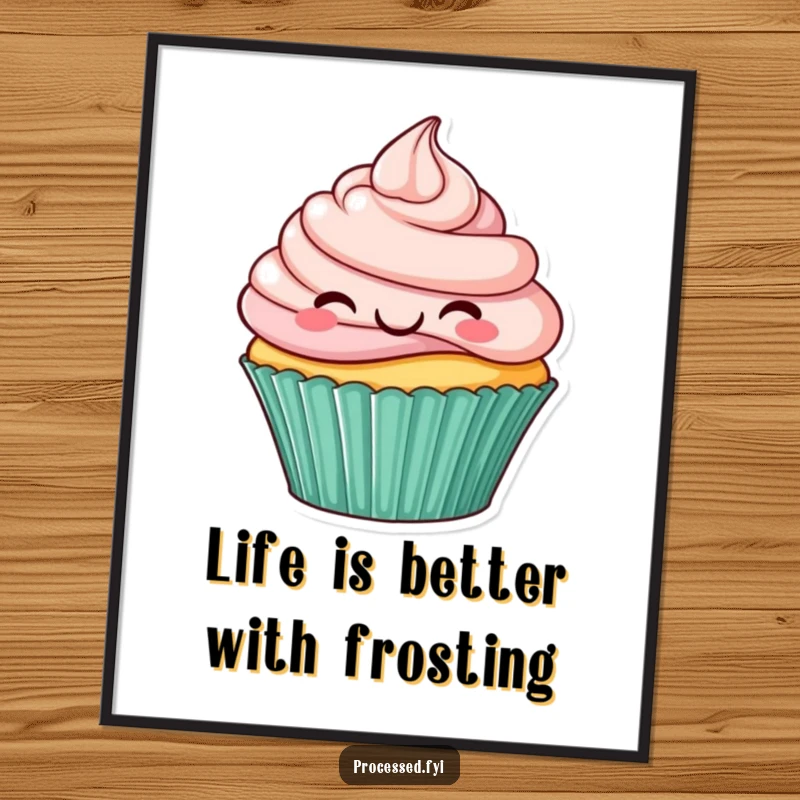 Funny Free Printable Wall Art depicting a smiling cupcake with luscious frosting swirls, joyfully hopping.