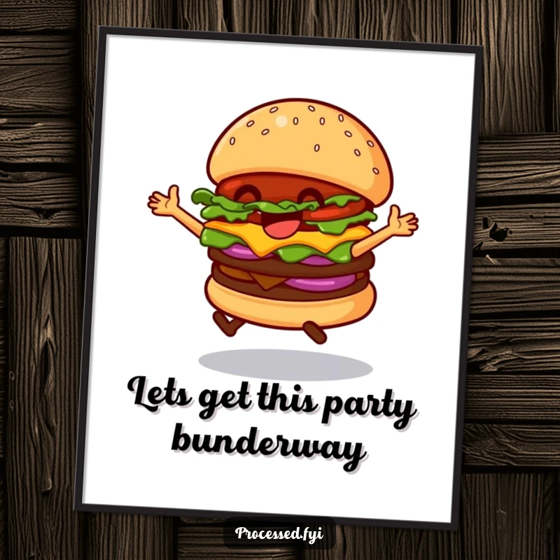 Funny Free Printable dancing hamburger bouncing with joy, a vibrant and playful wall art.