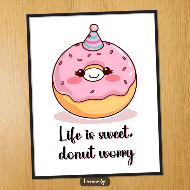 Funny Free Printable Wall Art: A blushing donut character wearing a small party hat, covered in sprinkles!