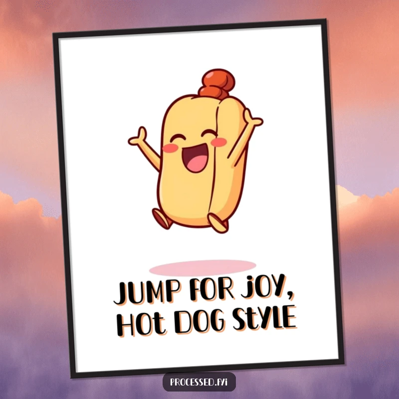 Funny Free Printable Wall Art: An excited hot dog with its bun, doing a happy little jump, adding playful energy.