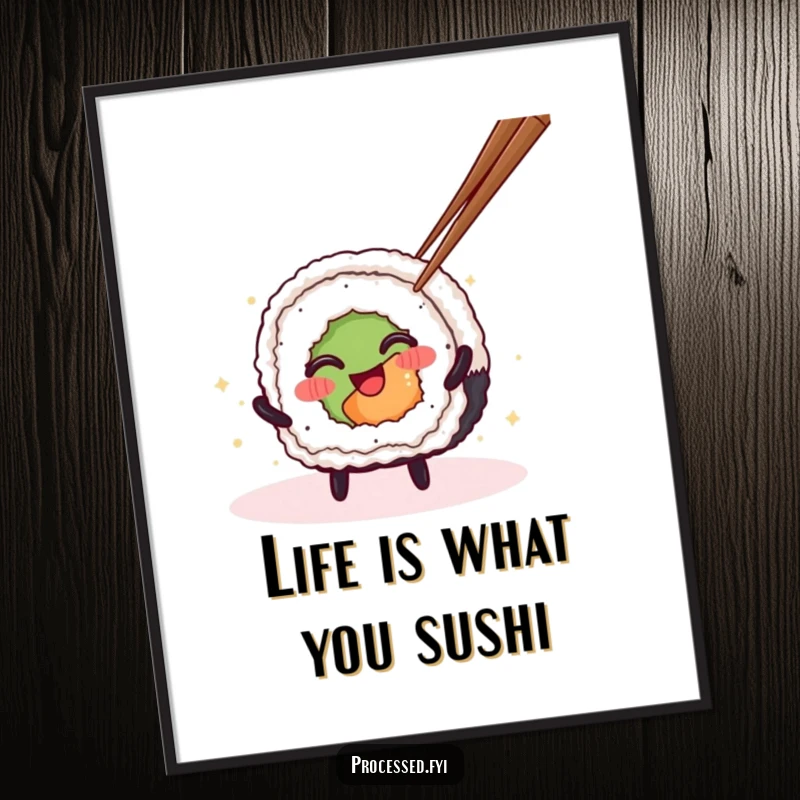 Funny Free Printable Wall Art: A smiling sushi roll character doing a joyful spin with chopsticks, full of life!
