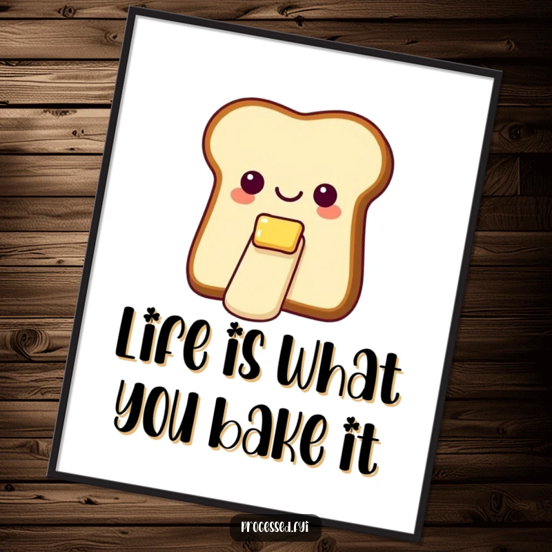 Funny Free Printable Wall Art: A cheerful bread slice with butter, smoothly sliding down a tiny butter slide, for whimsical decor.