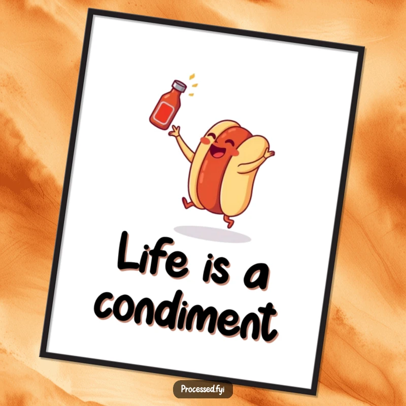 Funny Free Printable Wall Art: A dancing hot dog in a bun tossing a tiny ketchup bottle, full of energy.