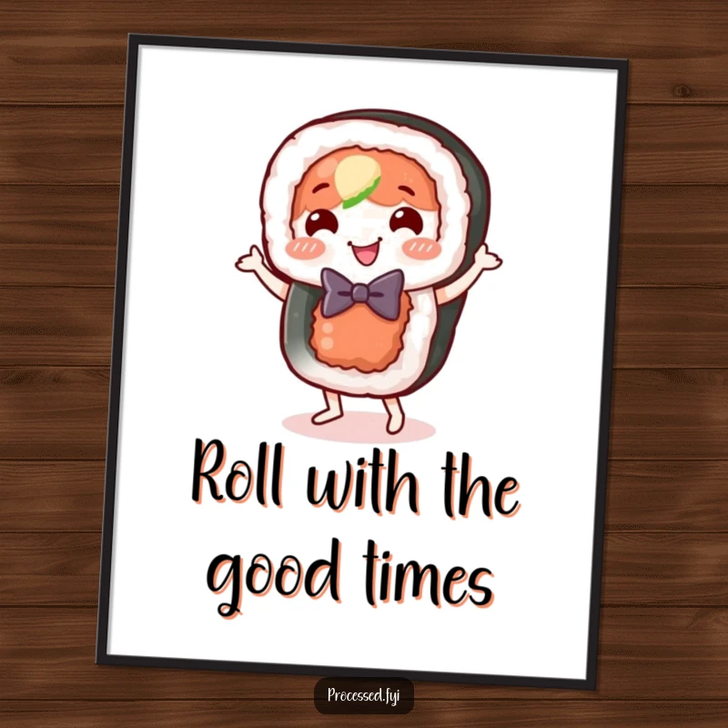 Funny Free Printable Wall Art: A happy sushi roll character in a bow tie doing a little dance, perfect for stylish decor.