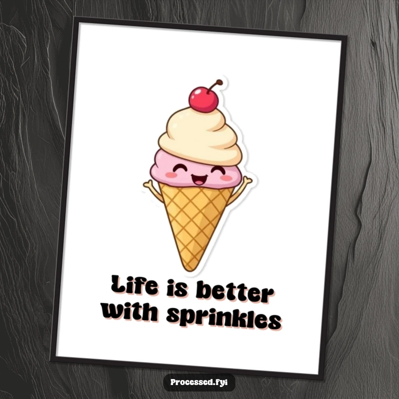 Funny Free Printable Wall Art: A smiling ice cream cone with a cherry on top, doing a happy shimmy, perfect for sweet decor.
